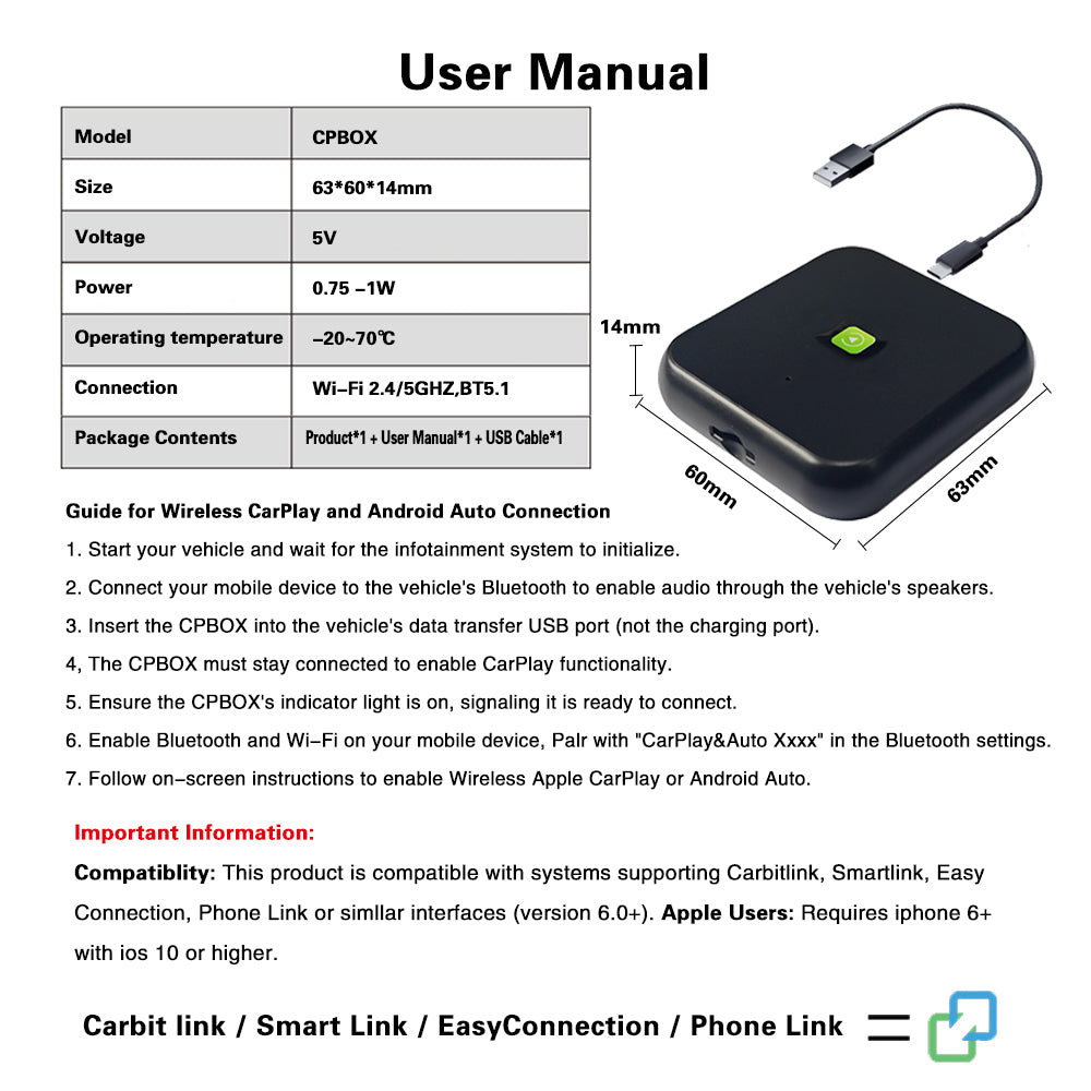 carbitlink to wireless carplay adapter for Chery, Jetway, Geely, GAC、changan
