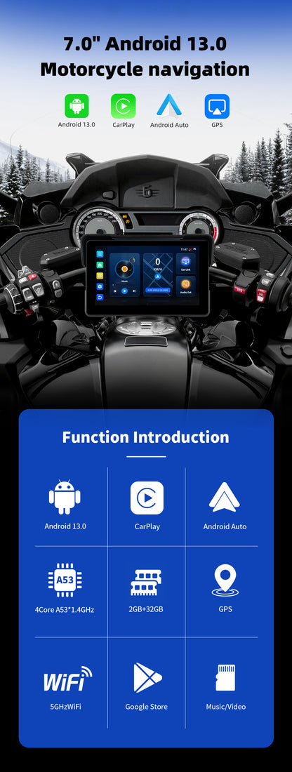7inch motorcycle&carplay android auto Android 13 system 2+16GB with YouTube TikTok Netflix
